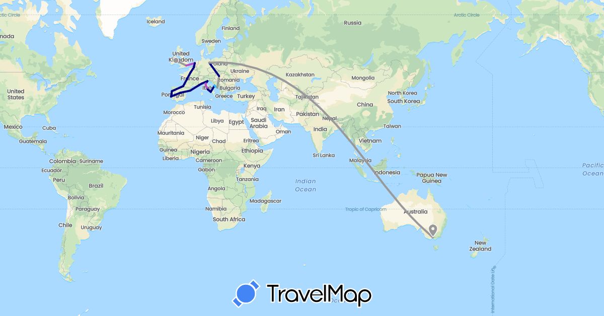TravelMap itinerary: driving, plane, train, boat in Australia, Belgium, Germany, Spain, France, United Kingdom, Croatia, Hungary, Ireland, Italy, Netherlands, Portugal (Europe, Oceania)